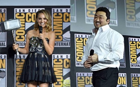 Natalie Portman segurando o martelo em anúncio de Thor 4 e Ma Dong-seok em anúncio de Eternos