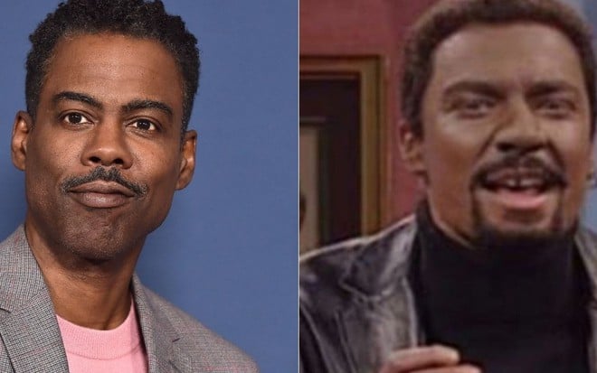 Montagem de fotos com os comediantes Chris Rock (à esquerda) e Jimmy Fallon 'fantasiado' de Chris Rock (à direita), usando maquiagem e peruca para imitar aparência de um homem negro