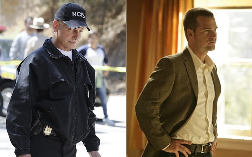 Montagem com Mark Harmon em cena de NCIS e Chris O'Donnell em cena de NCIS: Los Angeles