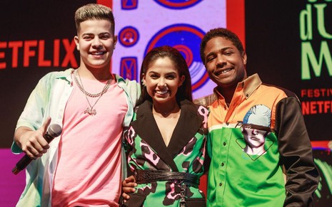 Os atores MC Jottapê, Bruna Mascarenhas e Christian Malheiros no Tudum Festival Netflix deste sábado (25)