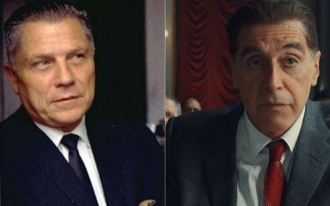 Montagem de fotos: à esquerda, Jimmy Hoffa na vida real; à direita, Al Pacino como o líder sindical no filme O Irlandês