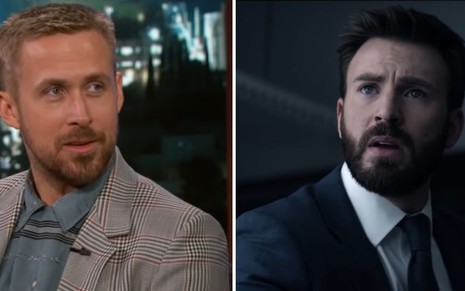 Ryan Gosling e Chris Evans vestindo terno em montagem