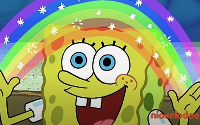 Desenho Bob Esponja sorri e acima de sua cabeça está um arco-íris