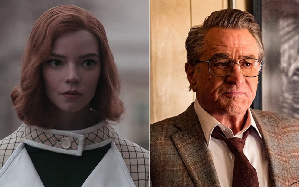 Montagem com Anya Taylor-Joy em cena da minissérie O Gambito da Rainha e Robert De Niro em cena do filme Coringa