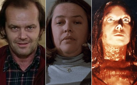 Montagem com Jack Nicholson em O Iluminado à esquerda, Kathy Bates em Misery ao centro e Sissy Spacek em Carrie à direita