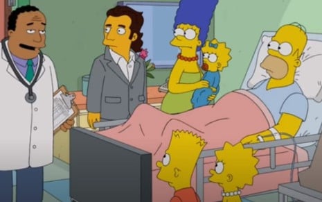 Dr. Julius Hibbert conversa com a família Simpson no hospital em episódios da série Os Simpsons