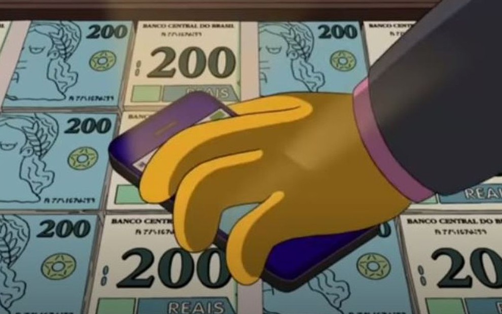 Pasta cheia de cédulas de R$ 200 com uma mão pegando um celular dentro da maleta