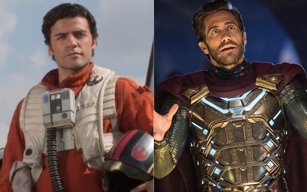 Oscar Isaac como Poe Dameron em Star-Wars: O Despertar da Força (2015) e Jake Gyllenhaal como o vilão Mysterio em Homem-Aranha: Longe de Casa (2019)