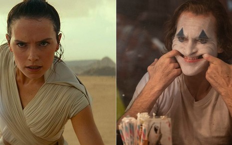 A atriz Daisy Ridley em cena de Star Wars: A Ascensão Skywalker, e o ator Joaquin Phoenix no filme Coringa, dois longas indicados ao Oscar