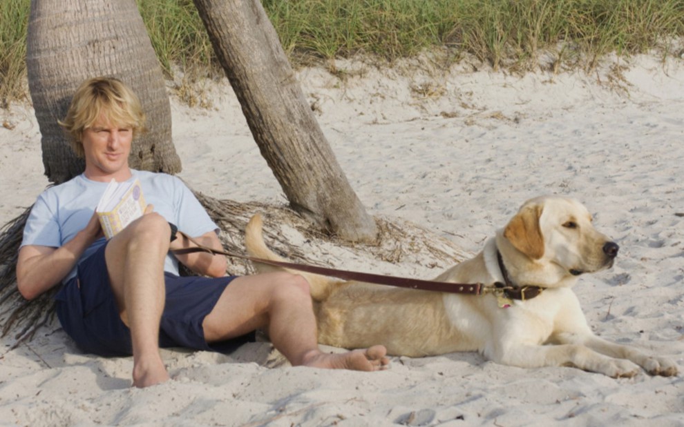 Owen Wilson sentado ao lado de um cachorro em cena de Marley & Eu