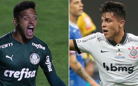 Montagem de fotos com Gabriel Menino festejando gol do Palmeiras e Roni comemorando pelo Corinthians