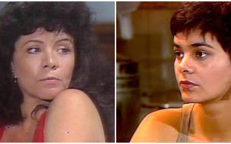 As atrizes Ângela Leal e Luciene Adami com expressões sérias em cenas de Pantanal (1990)