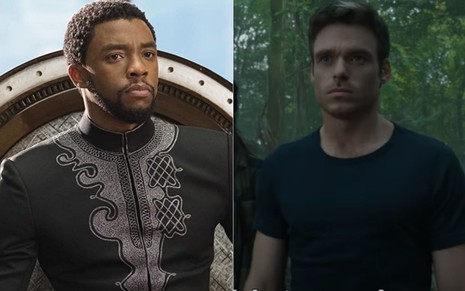 Montagem com Chadwick Boseman em cena de Pantera Negra e Richard Madden em cena de Eternos