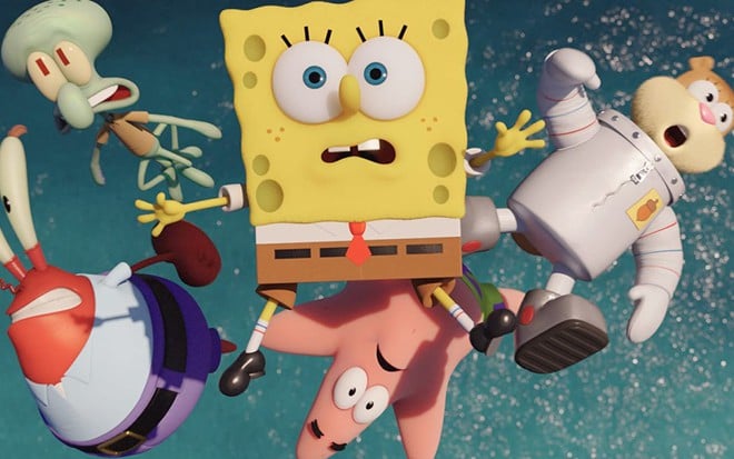 Os personagens Sr. Sirigueijo, Lula Molusco, Bob Esponja, Patrick Estrela e Sandy Bochechas no filme Bob Esponja: Um Herói Fora d'Água