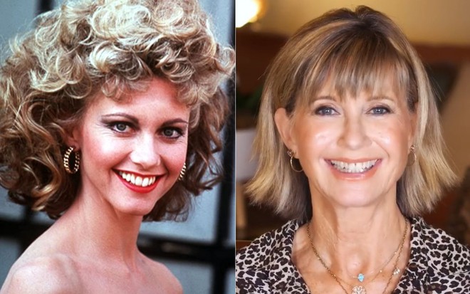 Montagem de fotos com a atriz Olivia Newton-John como a Sandy do filme Grease (à esquerda) e em vídeo publicado no Instagram (à direita)