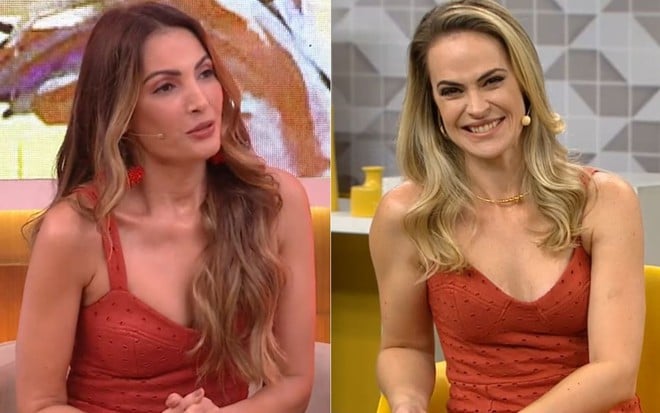 Patrícia Poeta e Regiane Tápias com um vestido vermelho, longo e decotado