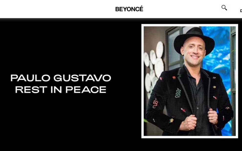 A homepage do site oficial de Beyoncé com homenagem a Paulo Gustavo