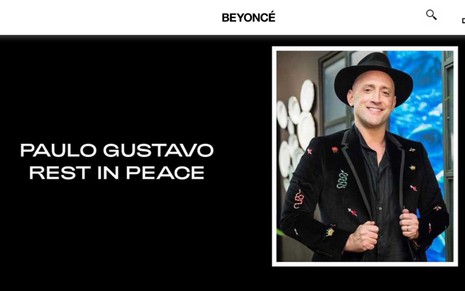 A homepage do site oficial de Beyoncé com homenagem a Paulo Gustavo