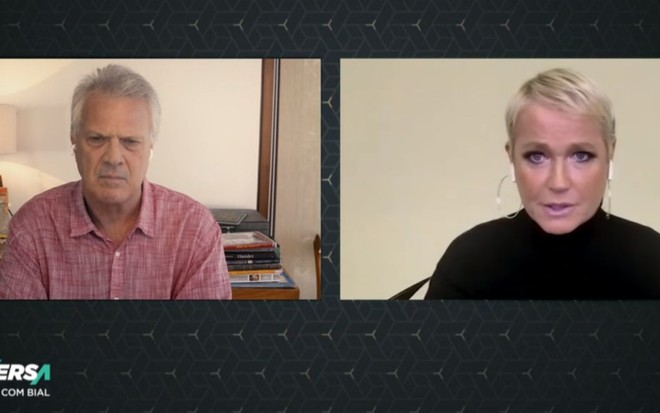 Imagem de Pedro Bial entrevistando Xuxa Meneghel no Conversa com Bial, da Globo