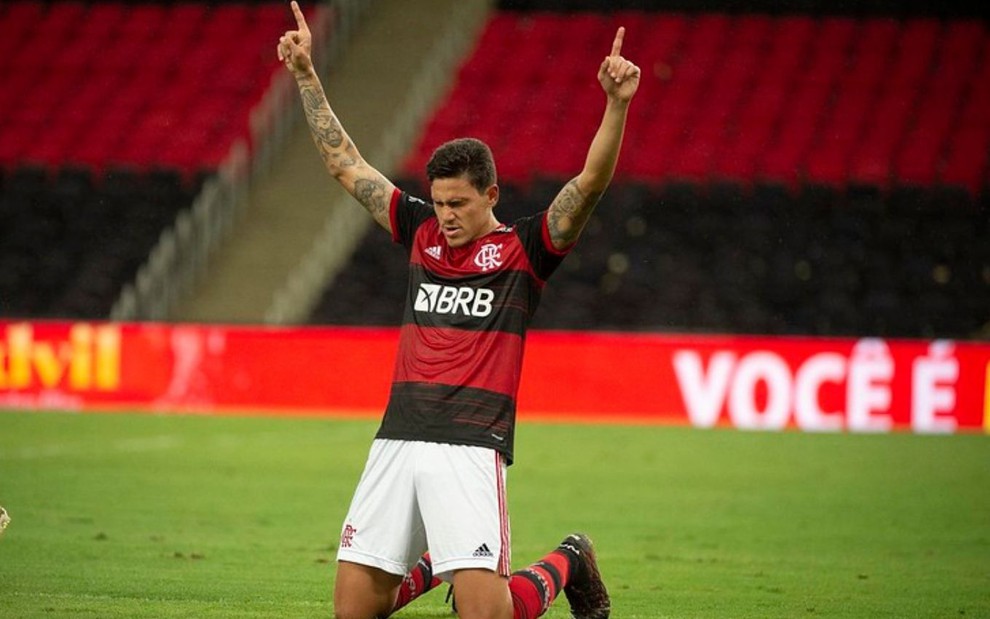 Imagem de Pedro ajoelhado, comemorando gol pelo Flamengo
