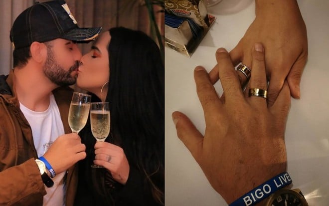 Montagem de Perlla e Diogo Bottino se beijando e das mãos com as alianças