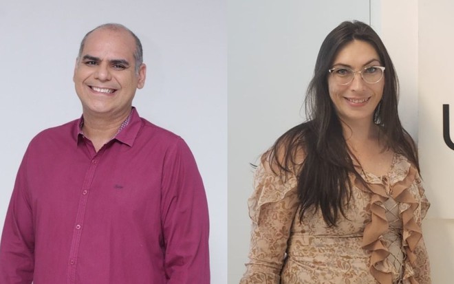 Mario Leony está de camisa rosa e Ariadne Ribeiro com uma blusa estampada. Ambos na frente de um fundo neutro