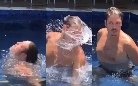 Montagem com três fotos de Fábio Porchat em uma sequência em que o ator emerge das águas da piscina