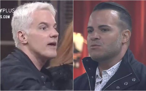 Bruno olha para Filipe, usa jaqueta preta e está com a boca aberta; Filipe olha para Bruno, usa jaqueta preta e camiseta branca