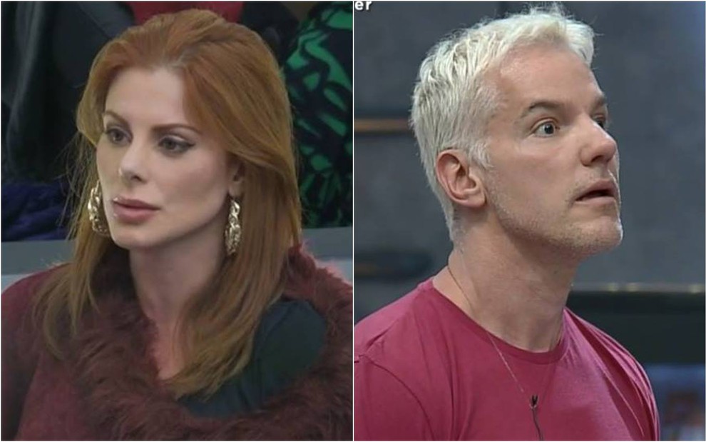 Deborah olha para o lado, usa blusa vermelha e está com o cabelo solto; Bruno olha para o lado, está com o semblante assustado e usa camiseta vermelha