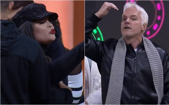 Mari usa blusa preta, boné preto e aponta para Bruno e Deborah; Bruno usa jaqueta preta e lenço cinza no pescoço