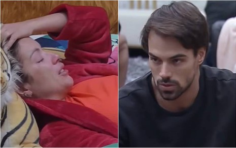 Renata está deitada na cama, usa roupão vermelho e camiseta laranja, ela está com uma mão na cabeça e chora; Leandro olha para o lado e usa camiseta preta