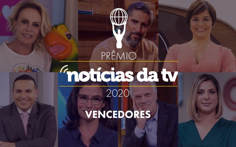 Arte do Prêmio Notícias da TV 2020, com logotipo e imagens de sete vencedores ao fundo
