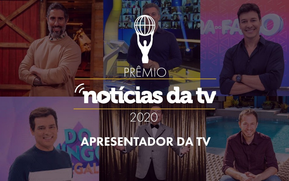 Arte com o logo do Prêmio do Notícias da TV e imagens de seis apresentadores que concorrem ao prêmio