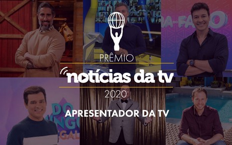 Arte com o logo do Prêmio do Notícias da TV e imagens de seis apresentadores que concorrem ao prêmio