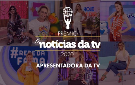 Arte com o logo do Prêmio do Notícias da TV e imagens de sete apresentadoras que concorrem