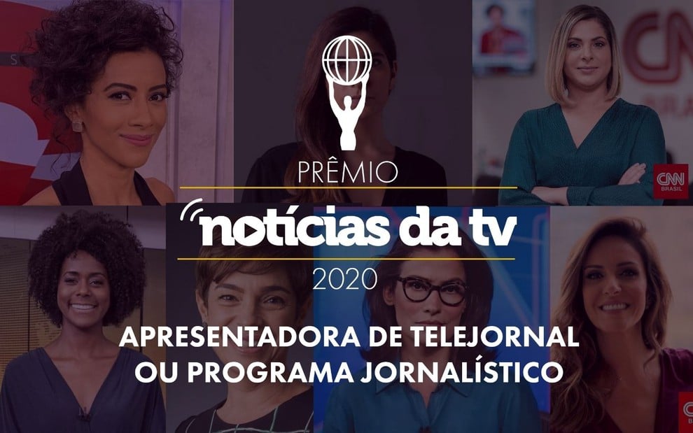 Arte com o logo do Prêmio do Notícias da TV e imagens das sete concorrentes ao prêmio melhor apresentadora de telejornal