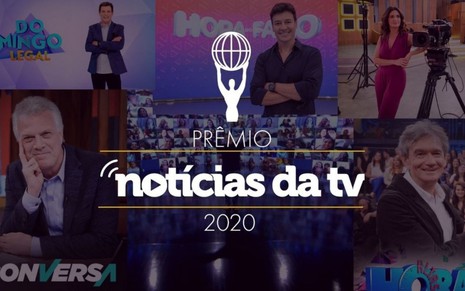 Arte do Prêmio Notícias da TV 2020, com logotipo e imagens de programas de televisão ao fundo