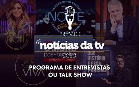 Arte com o logo do Prêmio do Notícias da TV e imagens dos programas de entrevistas que concorrem