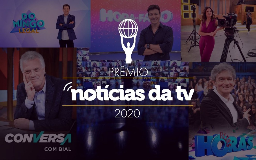 Arte do Prêmio Notícias da TV 2020, com logotipo e imagens de programas de televisão ao fundo
