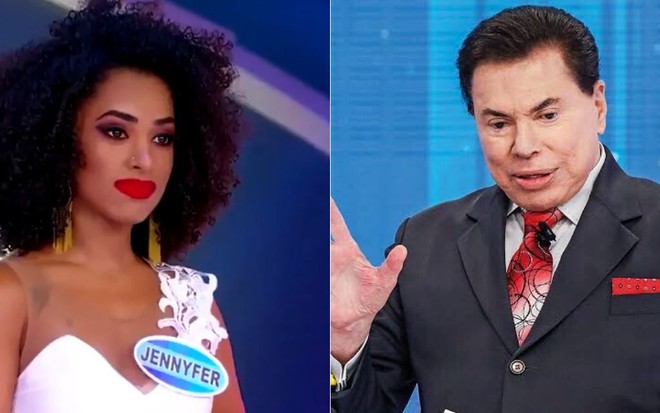 Montagem da competidora Jennyfer Oliver (à esquerda) e o apresentador Silvio Santos (à direita)