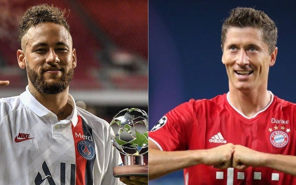 Montagem de fotos com os jogadores Neymar (do PSG) e Lewandowski (do Bayern de Munique)