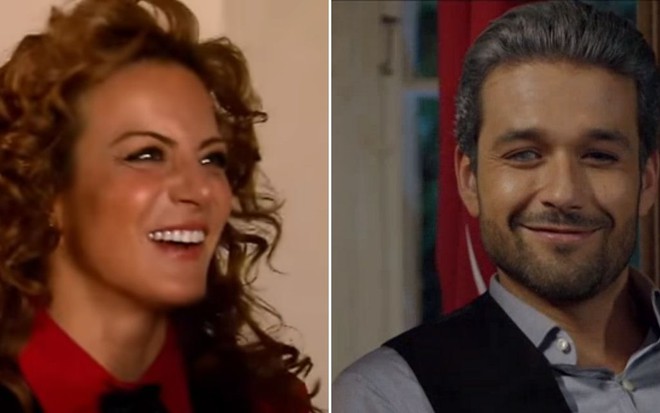 Montagem de fotos com Silvia Navarro em Quando me Apaixono (do SBT) e Sergio Marone em Apocalipse (novela da Record)
