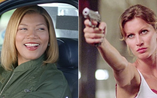 Montagem de Queen Latifah dentro de um táxi e Gisele Bündchen apontando uma arma em cena do filme Táxi (2004)