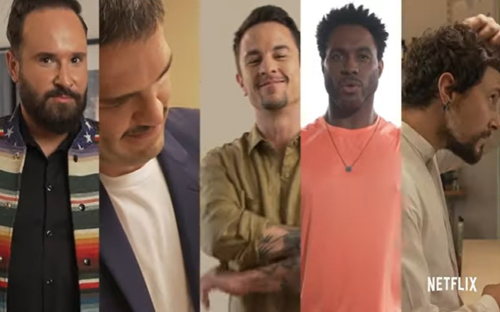 Reprodução do teaser do reality Queer Eye Brasil mostra a tela dividida com os cinco apresentadores da versão nacional: da esquerda para a direita, Fred, Guto, Rica, Luca e Yohan