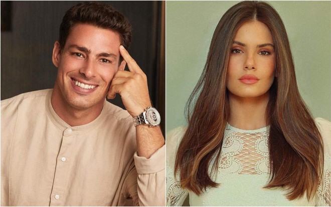 Montagem com fotos dos atores Cauã Reymond e Camila Queiroz, ele sorrindo e ela séria