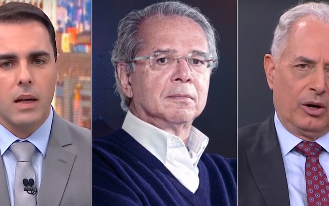 Rafael Colombo, Paulo Guedes e William Waack em montagem. Todos com roupas sociais e semblantes sérios