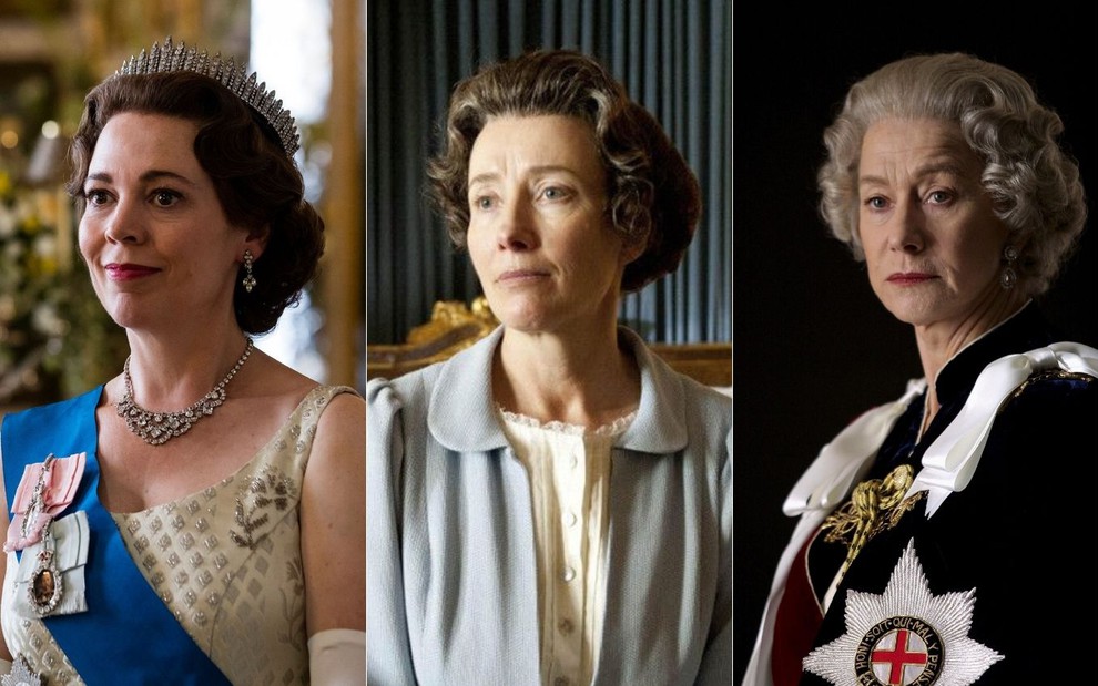 Montagem com Olivia Colman (The Crown), Emma Thompson (Playhouse Presents) e Helen Mirren (A Rainha) caracterizadas como Elizabeth 2ª