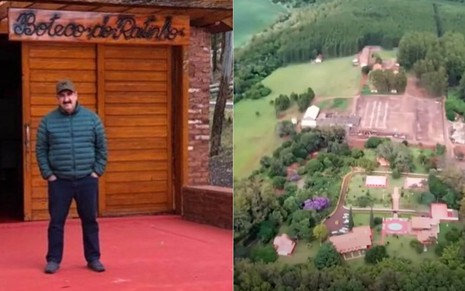 Montagem de fotos com o apresentador Ratinho na porta do boteco e imagem aérea da fazenda onde ele mora