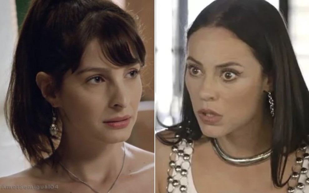 Montagem com Michelle Batista como Maria Antônia em Amor Sem Igual à esquerda e Paolla Oliveira como Vivi Guedes em A Dona do Pedaço à direita