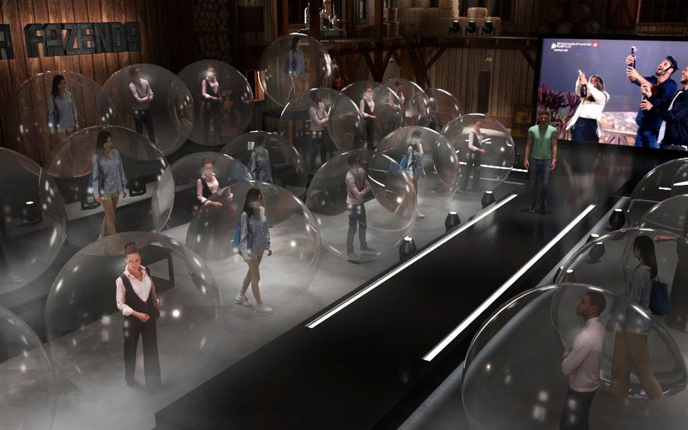 Projeto em 3D da Record mostra a plateia isolada por bolhas no cenário de A Fazenda 12